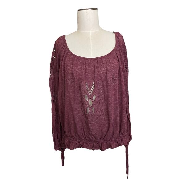 Free People Top Women's Large Purple Boho Beach Cutouts Tie Sleeve Off Shoulder - Picture 1 of 11
